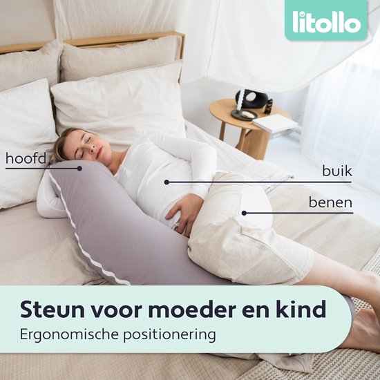 Litollo® Schwangerschaftskissen (J-förmig) - Seidenkissen - Stillkissen - Körperkissen - 145cm - Abnehmbarer Bezug - Grau