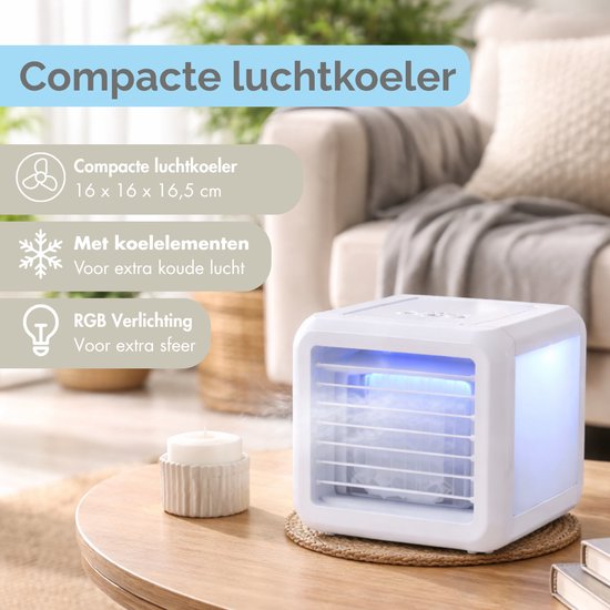 Lifetime Air Mini-Luftkühler - Luftbefeuchter Luftkühler mit 2 Kühlelementen - Luftkühler mit Wasser und 3 Stufen - Mobiles Klimagerät ohne Schlauch für das Schlafzimmer - 16 x 16 x 16,5 cm
