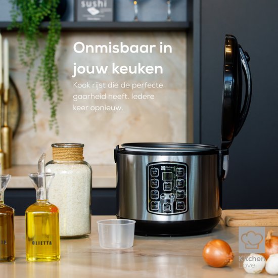 KitchenLove Reiskocher mit Dampfgarer - 0.8L - Multikocher - Reiskocher - Slow Cooker - 1 bis 3 Personen - Schwarzer Edelstahl