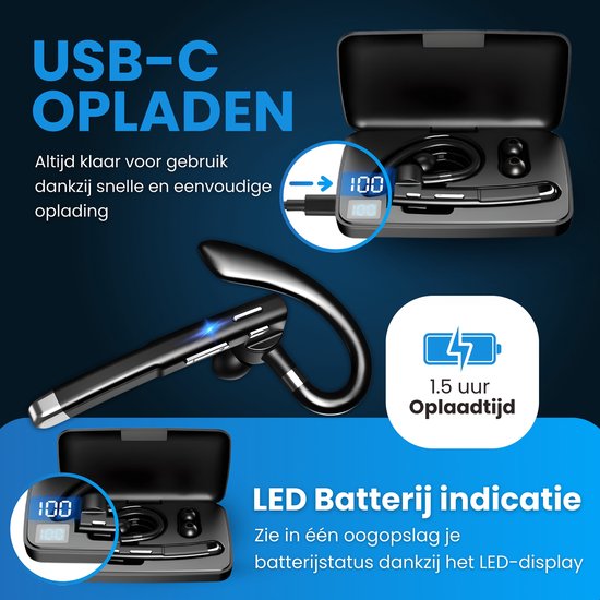 Otiume Wireless Headset - Geräuschunterdrückung - Inklusive Ladekoffer - Bluetooth 5.0 - 100 Stunden - Wasserdicht - Bluetooth Headset - Freisprechen Auto Bluetooth - Arbeit Ohrhörer - Ohrhörer - Wireless Headset mit Mikrofon - Büro Ohrhörer