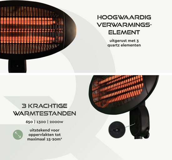 BRASQ Elektrischer Terrassenheizer Pendant PHW100 - Heizung 2000W - 3 Heizstufen - Innen und Außen - Spritzwassergeschützt - Schwarz