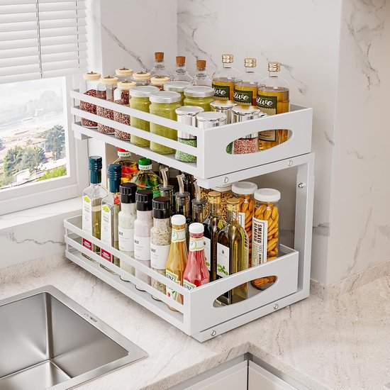 Posity Küchenschrank-Organizer - Spülenschrank-Organizer - Arbeitsplatten-Organizer - Aufbewahrungsregal - Badezimmer-Organizer - Küchenregal - ausziehbar - Metall - weiß