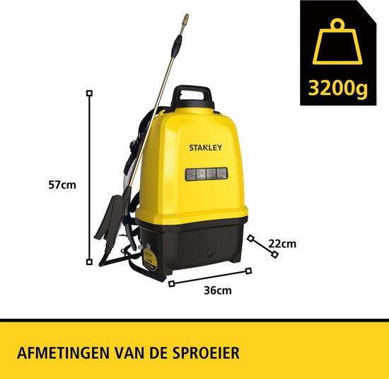 Stanley Drucksprühgerät 16 L hinten, Rückensprühgerät Garten, Drucksprühgerät, elektrisch, wiederaufladbare Lithium-Batterie, Teleskoplanze, verstellbare Düse, Autonomie 2 h, max 5 bar, 0,60 l/Minute, gelb/schwarz