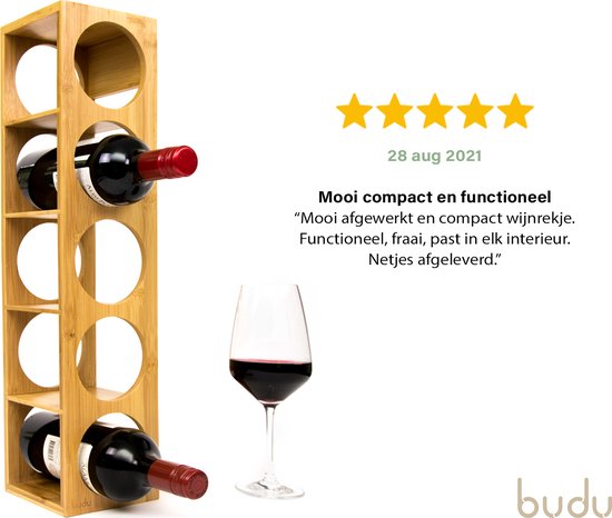 Budu Weinregal - Bambus - 5 Flaschen - 53 x 14 x 12 cm - Erweiterbar - Braun
