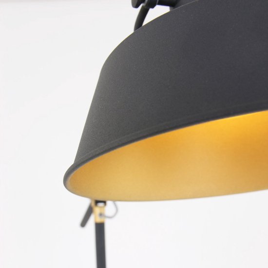 Schwarze Stehlampe Nove 1322ZW - Dreh- und schwenkbare Industrielampe mit goldenen Details, E27-Fassung, Metall und Kunststoff - Mexlite