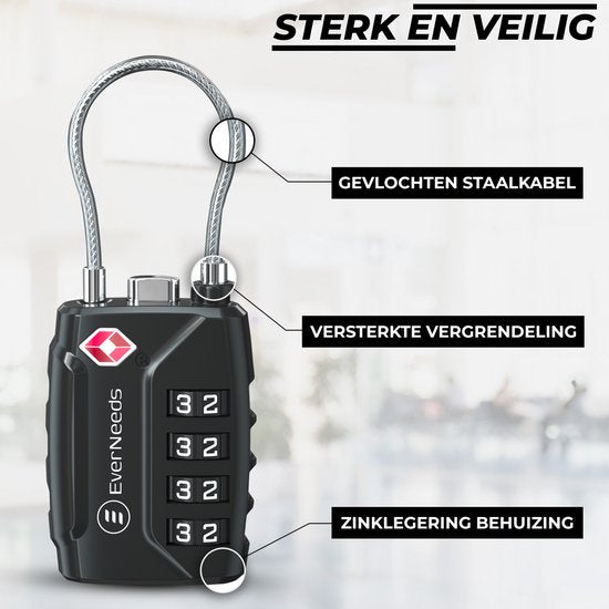 EverNeeds Kofferschloss - TSA-Schloss - 4-stelliges Vorhängeschloss - Zahlenschloss - 2 Stück - Schwarz