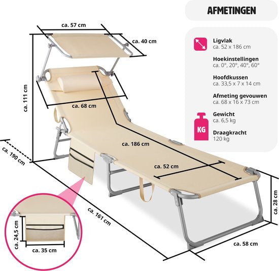 tectake - Sonnenliege Sonnenliege - 4 Positionen, klappbar - beige - 68 x 190 x 28 cm, mit Seitentasche