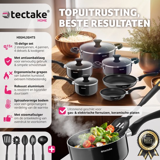 tectake Pfannenset 15-teilig - Aluminium mit Glasdeckeln - Inklusive Utensilien - Schwarz