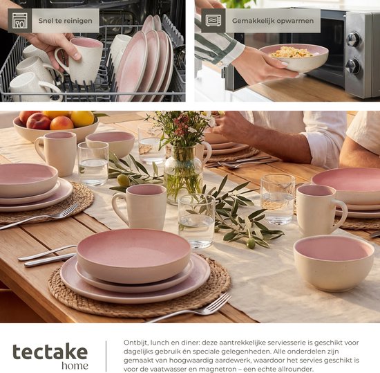 tectake® Geschirrset Mare – 30-teilig – Steingut mit glänzender Glasur - Für 6 Personen - Handgefertigtes Geschirr - Modernes Geschirrset mit großen und kleinen Tellern, Schüsseln, Schälchen und Tassen - Spülmaschinen- und mikrowellengeeignet - Rosa
