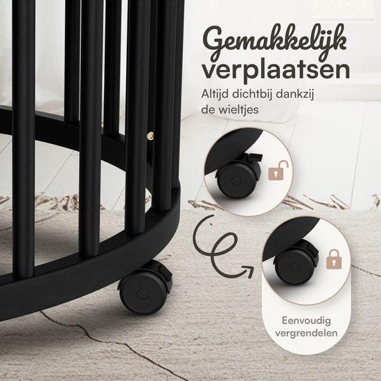 Flowsense Baby Box - Runder Laufstall - Bodenbox - Laufstall - mit Matratze - höhenverstellbar - Rollen - Schwarz