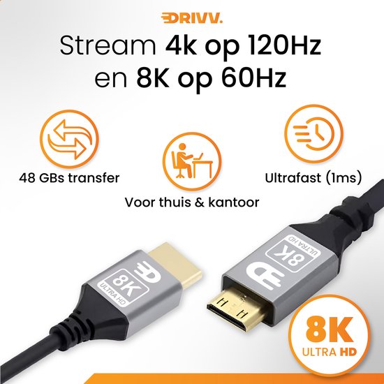 Drivv. Premium Mini HDMI zu HDMI Kabel 2.1 - 8K 60Hz / 4K 120Hz Ultra HD - 1 Meter - Grau - Geeignet für Kameras, Tablets und Laptops