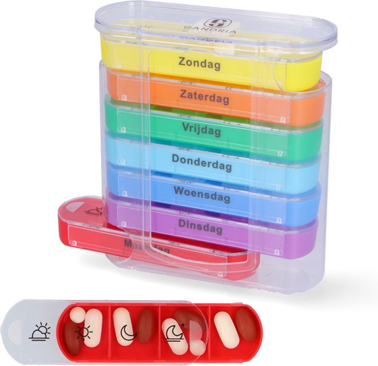 Gandria Pillenbox 7 Tage - Stapelbare Medizinbox mit 28 Fächern - 4 Fächer pro Tag - 7 Farben