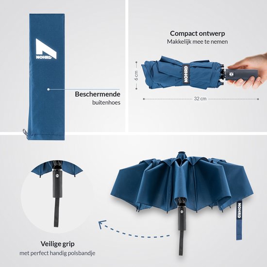 Nohrd Sturmschirm - Blau - Regenschirm faltbar - Winddurchlässig - 140 km/h - Sturmschirme - Automatisches Auf- und Zusammenfalten - Regenschirme - Inkl.