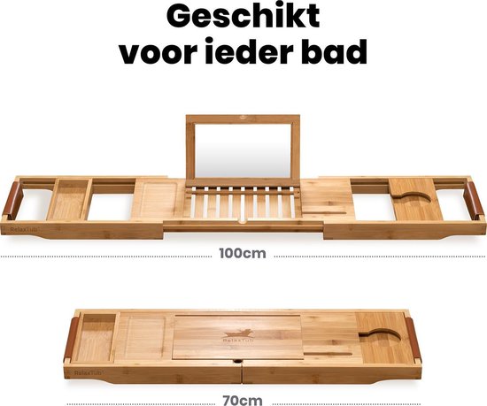RelaxTub® Badeboard - Badeboard für die Badewanne - Badregal - Verstellbar - Rutschfest - Badeboard Bambus - Badeboard Holz - Badregal mit Buchhalter, Tablet-Halter & Spiegel