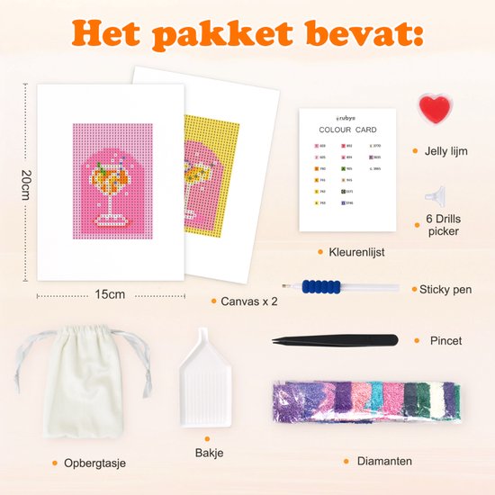 Rubye® Mini Diamantbilder - 2 Stück - Erwachsene - Diamantbilder Kinder - Set - Cocktails - 15x20cm