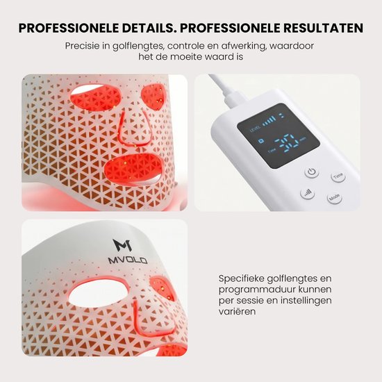 Mvolo® LED-Gesichtsmaske - Professionelle Rotlicht-Therapie-Maske mit Halsmaske - Infrarot-Lichtmaske 4 Wellenlängen - Kabellos - Hautpflege