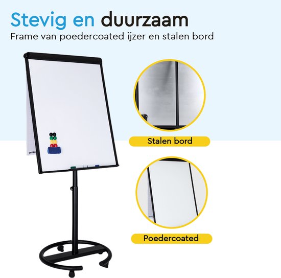 BRASQ Flipchart Mobile Deluxe -70x100 cm - Verstellbares Whiteboard - Inklusive 25 Blatt Papier und Zubehör - mit ausziehbaren Armen - Magnettafel mit Haken - Magnettafel - Schwarz
