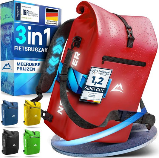 NEXTCOVER® NEW 3-in-1 Fahrradtasche für Gepäckträger [Aquashield] - Reflektierende Gepäcktasche wasserdicht - Rucksack und Umhängetasche [25 Liter]- Rot