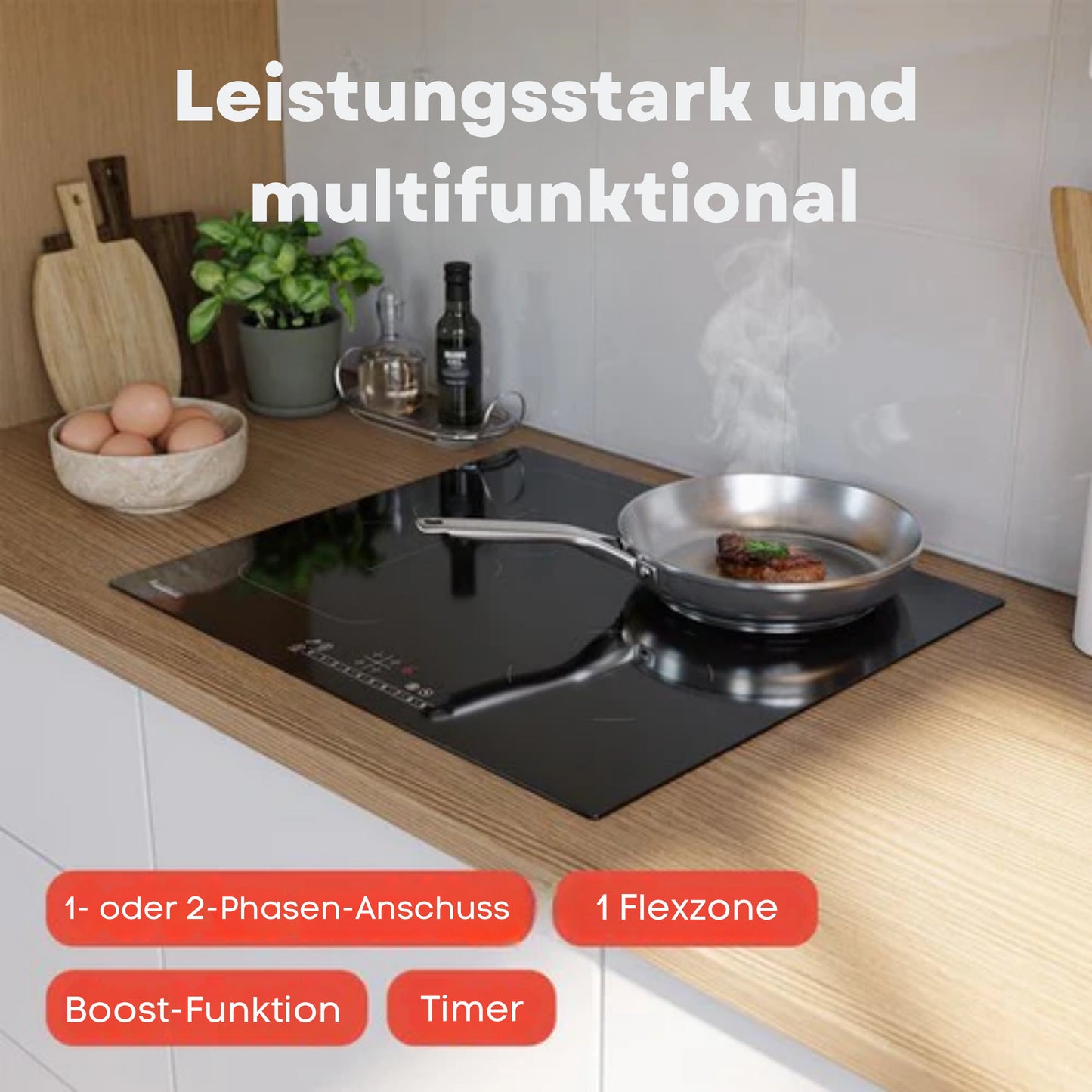 KitchenBrothers Induktionskochfeld - Einbau-Induktionskochfeld - 60 cm - 4 Zonen - 1x Flexzone - 1 und 2 Phasen - Bis zu 2400W - Schwarz