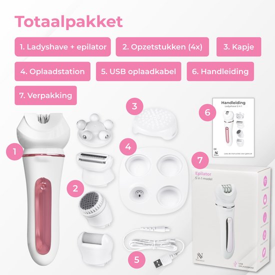 Nuvance - Epilierer Damen - Epilierer Gesicht - 5 Aufsätze - Epilierer - Gesicht Reiniger - Gesicht Epilierer weiblich - Epilierer - Usb wiederaufladbar
