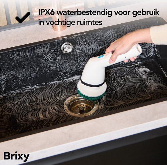 Brixy Elektrische Reinigungsbürste - Ausziehbare Schrubberbürste - Kabellos - 8 Aufsätze - Schrubber - Weiß