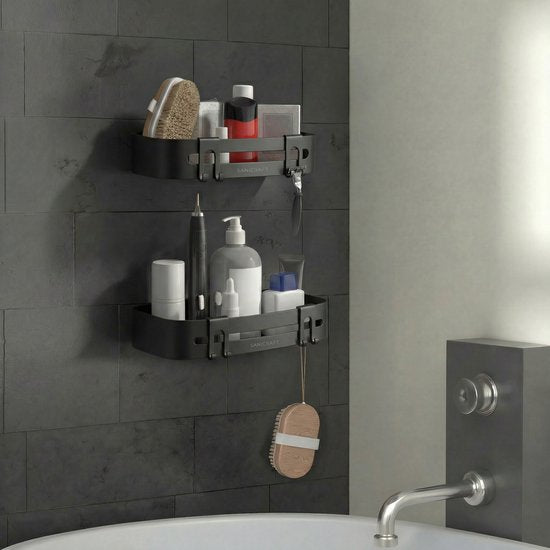 Sanicraft® Duschregal - Kein Bohren - Für jede Art von Wand geeignet - Hängend - Rostfrei - 2 Stück - Schwarz
