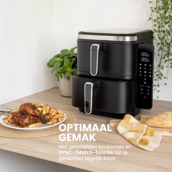 Nexxt - Double Stacked Airfryer - 11 l Fassungsvermögen - Schwarz & Edelstahl - 12 Garprogramme - Stacked Modell - Platzsparend & Doppelschublade