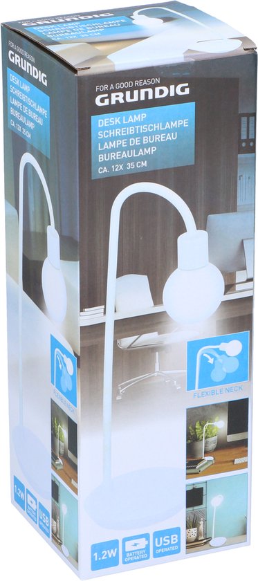 Grundig Schreibtischlampe - 12 x 35 CM - Flexibler Hals - Batterien/ USB - Weiß