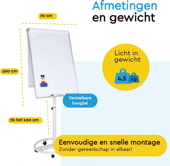 BRASQ Flipchart Mobile Deluxe - 70x100 cm - Verstellbares Whiteboard - Inklusive 25 Blatt Papier und Zubehör - mit ausziehbaren Armen - Magnettafel mit Haken - Magnettafel - Weiß