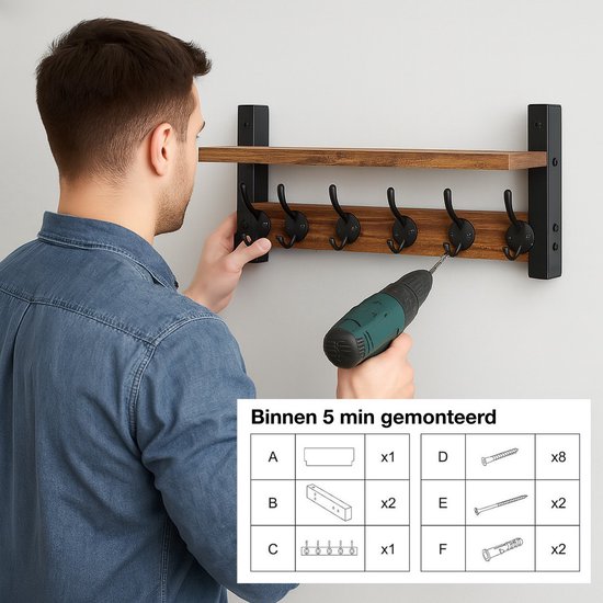 Wandgarderobe mit Ablage - 10 Haken - Hängend - Garderobenständer - Kleidung - Kleiderbügel - Vintage - Wand - Industriell - Holz - Garde dressing gown - Schwarz - Luft