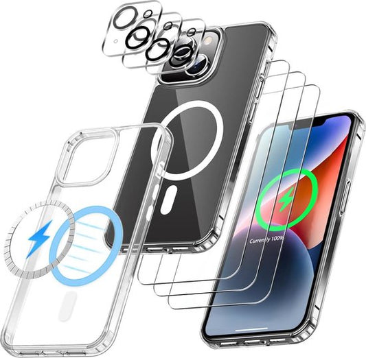Podec Magsafe Case Passend für iPhone 14 - Bundle mit 3x Displayschutzfolie + 3x Kameraschutzfolie - Magnetisch mit Ring Transluzent - Handyhülle Transparent Magsafe Case - Transluzent