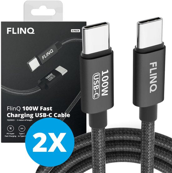 FlinQ - 2x USB C auf USB C Kabel 100W - Schnellladegerät für Smartphone, Tablet - Datenkabel und Ladegerät - 2 Meter langes Nylon-Ladekabel