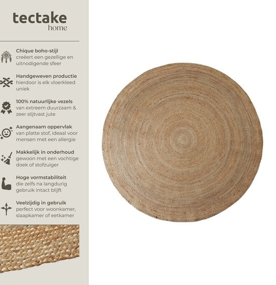 tectake - Handgewebter Teppich - Strapazierfähiger und pflegeleichter Teppich - Rund - Jute natur - Erhältlich in verschiedenen Größen - Natur - Ø 200 cm