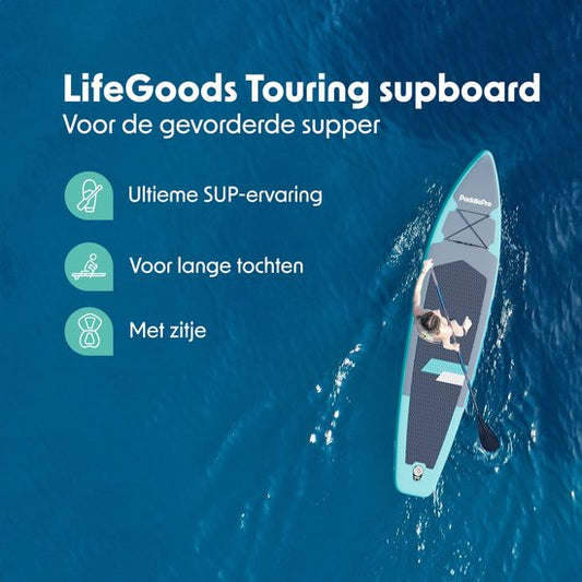 LifeGoods SUP Board Touring - 165 KG Belastbarkeit - 365 x 76 cm - Aufblasbar - mit Sitz - Komplettes Sup Paket - Türkis