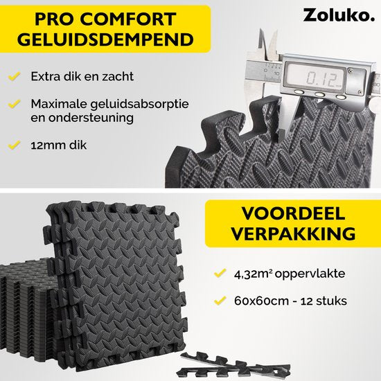 Zoluko Puzzle Matte – Fitnessmatte – EVA Schaum – 12er Set – 60 x 60 x 1,2 cm – Schwarz