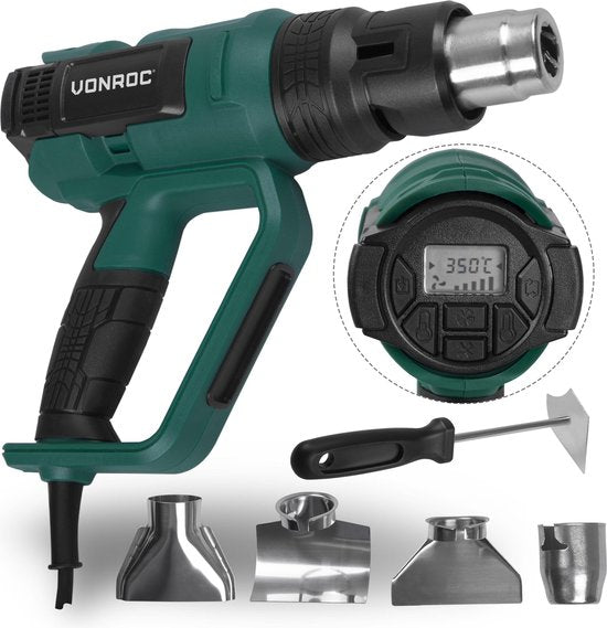 VONROC PRO Heißluftgebläse - 2000W - LCD-Anzeige - 650°C - 500L/min - Inkl.