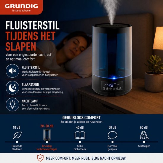 Grundig Luftbefeuchter HD-1903A – Ultraschall-Luftbefeuchter 4,3 l – mit Timer und Nachtlicht – inkl. Fernbedienung – Schwarz