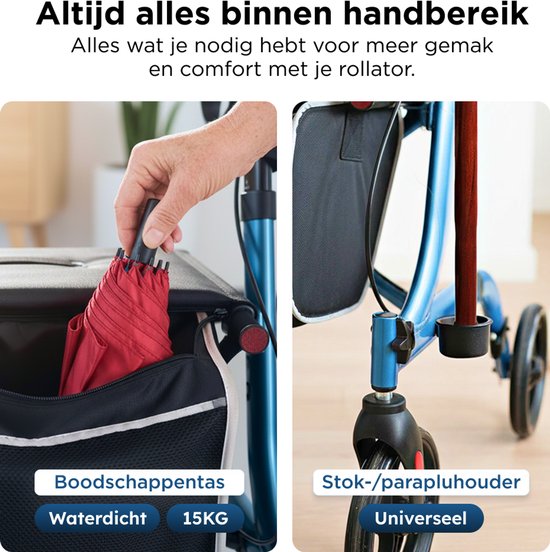 Medzone Rollator leicht und faltbar - Sitzfunktion - für drinnen und draußen - Rückenlehne und Gehstockhalterung - blau