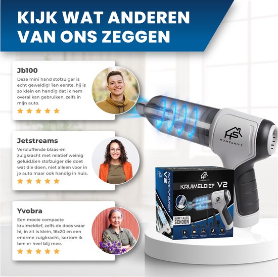 HomeShift® Autostaubsauger Cordless V2 - Krümelsauger - Handstaubsauger - Kleinstaubsauger - Schnurloser Staubsauger - Air Duster - Nass & Trocken - Grau