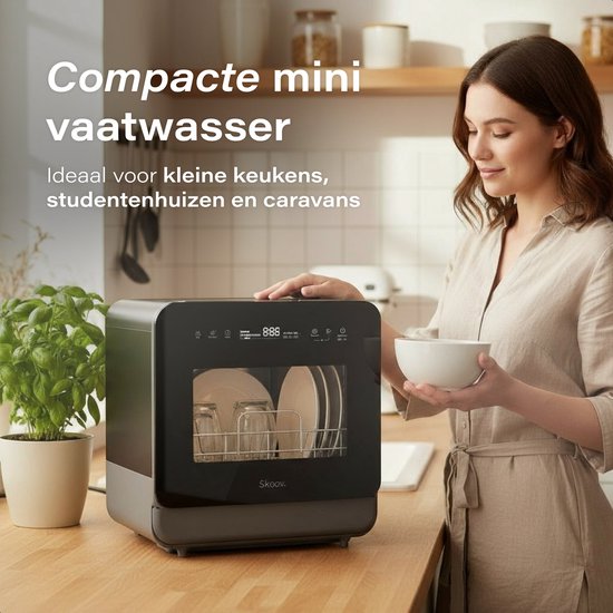 Skoov Mini-Geschirrspüler - Mit Wassertank - Bis zu 3 Geschirrsets - 6 Spülprogramme - Kleiner schmaler freistehender Geschirrspüler - Camping - Schwarz