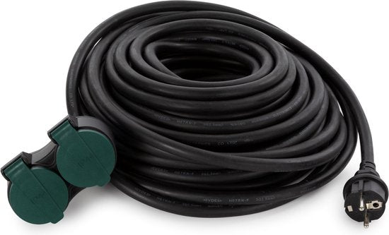 Perel Verlängerungskabel, Verlängerungsschnur, Stromkabel, Verlängerungskabel, Innenkabel mit zwei Steckdosen für den Außenbereich IP44, geerdet, Schuko, H07RN 3G2,5, PVC, Gummi, 20 m, schwarz
