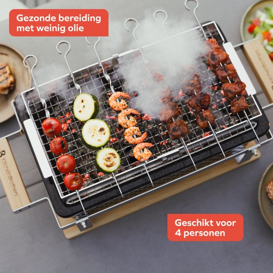 KitchenBrothers Kamado Hibachi Grill - PFAS frei - mit Grillrost und Stöcken - Holzkohlegrill - Shichirin Tischgrill - Rechteckiger BBQ - Keramikgrill - Schwarz