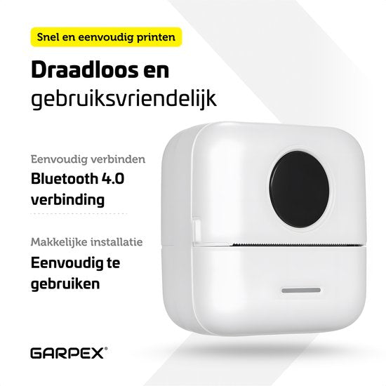 Garpex® Mini-Drucker für das Handy - Taschendrucker - Premium Mini-Fotodrucker - Tragbarer Smartphone-Drucker - Mobiler Fotodrucker - Stickerdrucker - Weiß - Inkl. 5 Rollen Klebepapier + 5 Rollen weißes Papier + 3 Rollen farbiges Papier + 5 Stifte