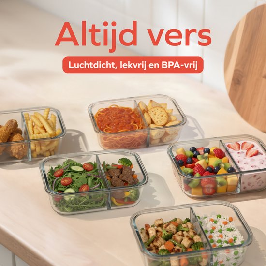 KitchenBrothers Meal Prep Trays Set - Mit Trennung - Glas Lebensmittel Lagerung Schalen - Zwei Fächer - Luftdicht - BPA frei - Gefrierschrank Schalen - Lagerung Schalen - 5L - Glas - 5 Stück