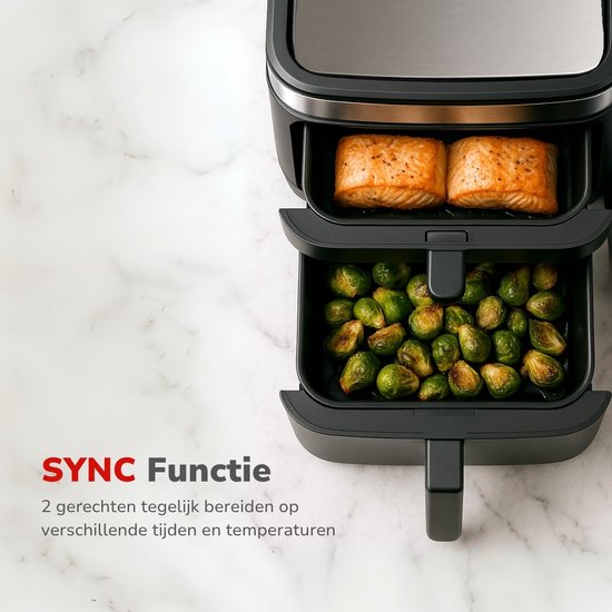 alpina Airfryer XXL - Doppel-Luftfritteuse 11L - Heißluftfritteuse 2 Körbe - Doppelt gestapelt für 8 Personen - Klappbares Display - Timerfunktion bis zu 60 Minuten - Temperatur 60-200°C - Schwarz