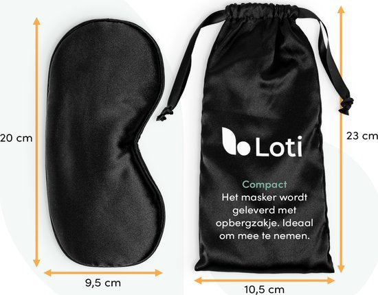 Loti Premium Silk Sleep Mask + Aufbewahrungsbeutel - 100% abdunkelnde Augenmaske - Verstellbar - Augenbinde - Seidig weich - Anti-Falten - Augenmaske - Schlafmaske - Schwarz
