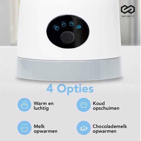 Infinity Goods 4-in-1 Elektrischer Milchaufschäumer - 350 ml - Aufschäumen und Erhitzen - Cappuccino - Spülmaschinenfest - Weiß