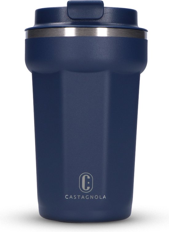 Castagnola Thermosbecher - Kaffeebecher To Go - Reisebecher für Kaffee und Tee - Teebecher - 380 ML - Edelstahl - Dunkelblau - Achteck