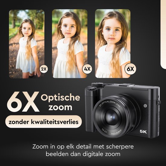 K&L Digitalkamera 5K - 64MP - 6X optischer Zoom - Fotokamera - Kompaktkamera - Vlog-Kamera - Ideal für Einsteiger - Inklusive 64GB - NL Software