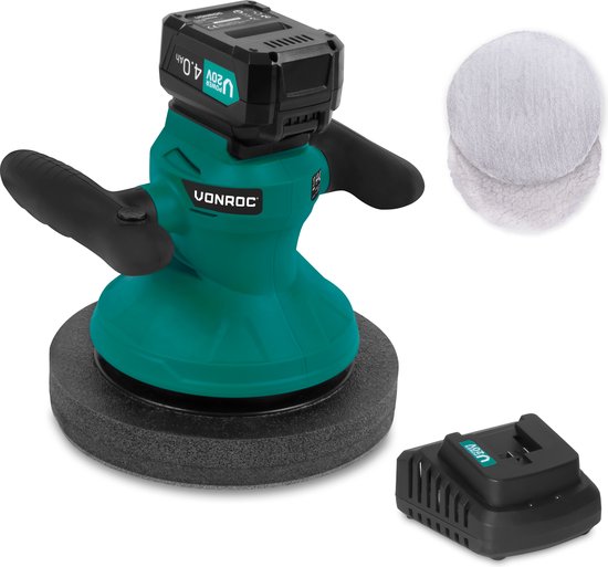 Accu polisher - Poliermaschine 20V - Ø240mm - Inkl. verstellbare Griffe, 2 Polierhülsen und Aufbewahrungstasche - Inkl. 4.0Ah Akku und Schnellladegerät